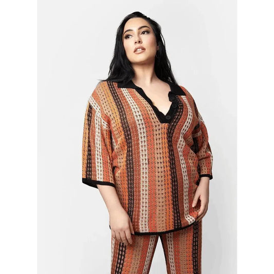 Knit Multi Stripe Oversized Collar Top