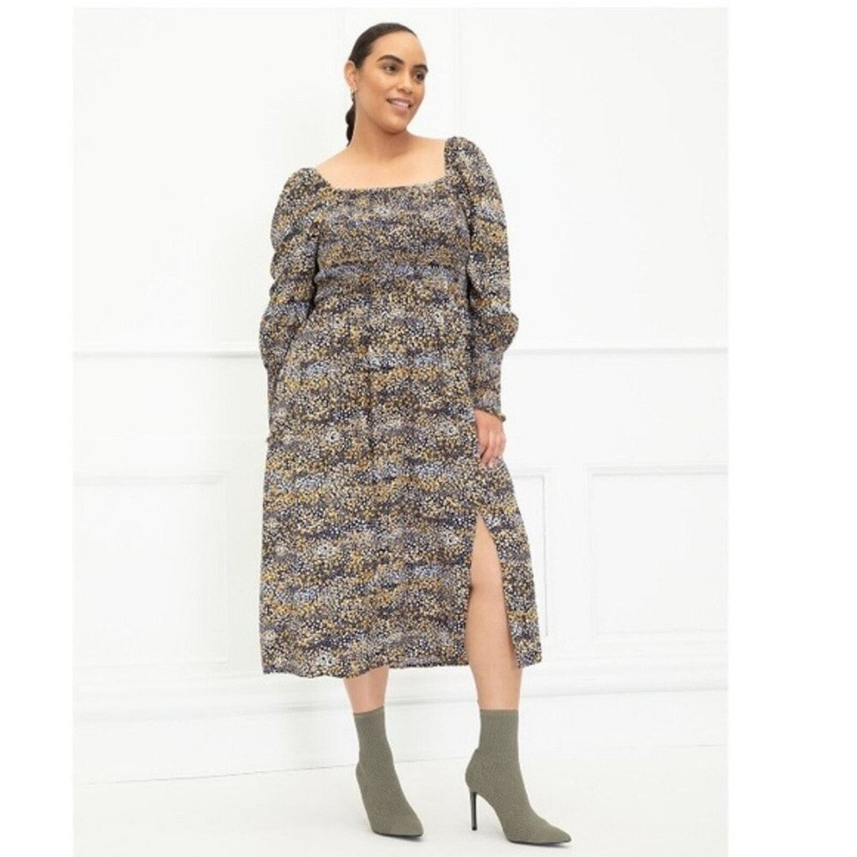 Mixed Dot Print Midi Dress w/ Smocked Bodice