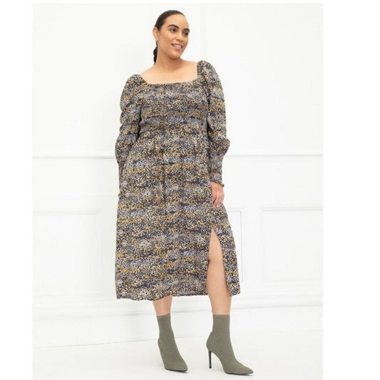Mixed Dot Print Midi Dress w/ Smocked Bodice