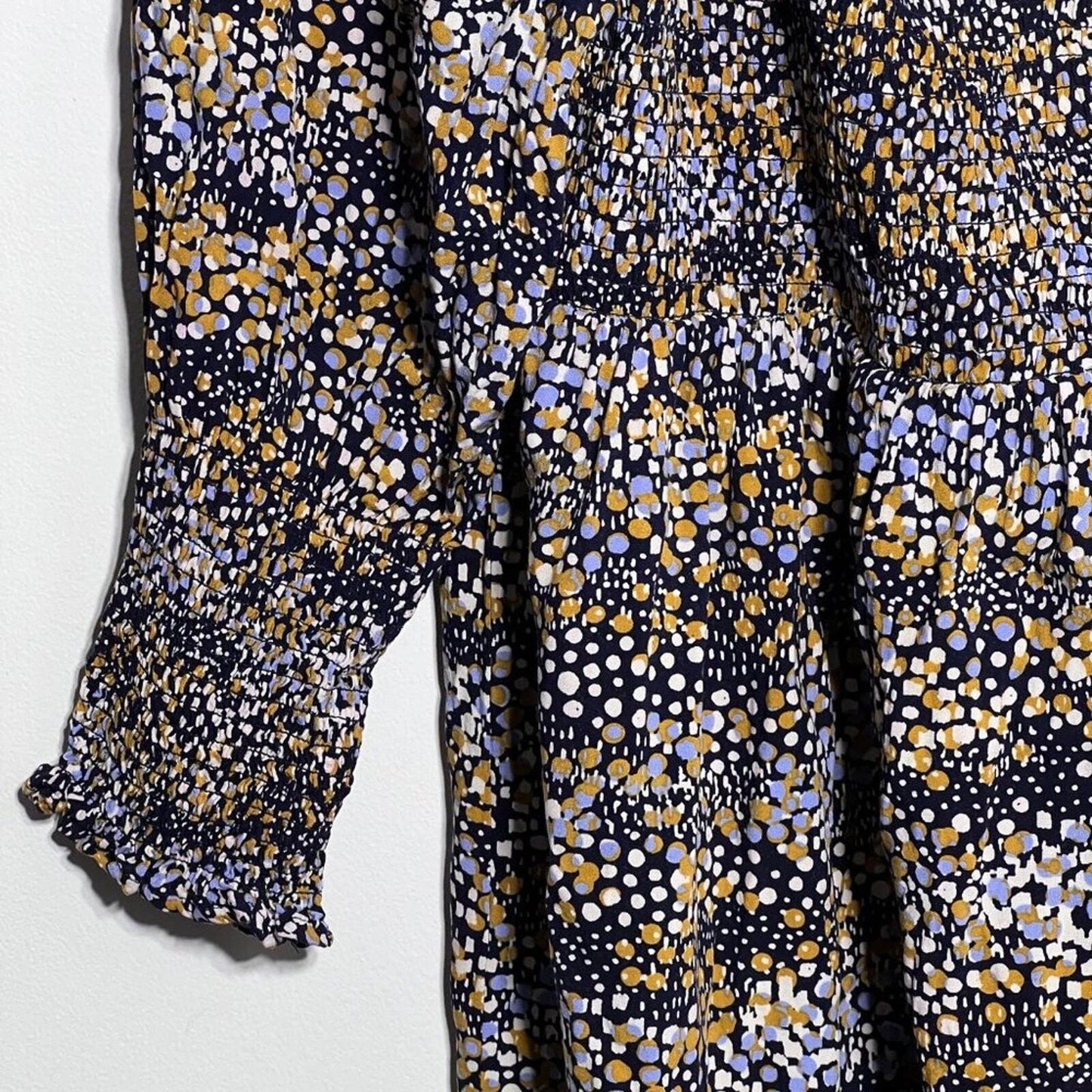 Mixed Dot Print Midi Dress w/ Smocked Bodice