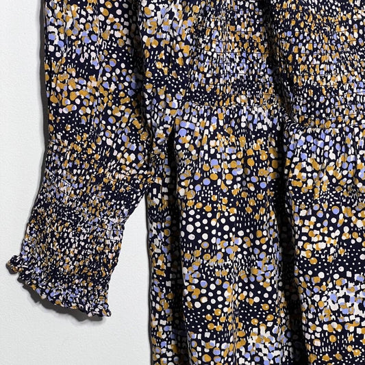 Mixed Dot Print Midi Dress w/ Smocked Bodice