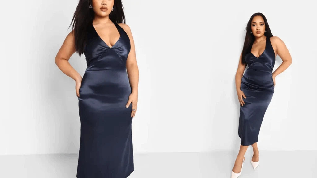 Satin Halter Criss Cross Back Midi Shift Dress