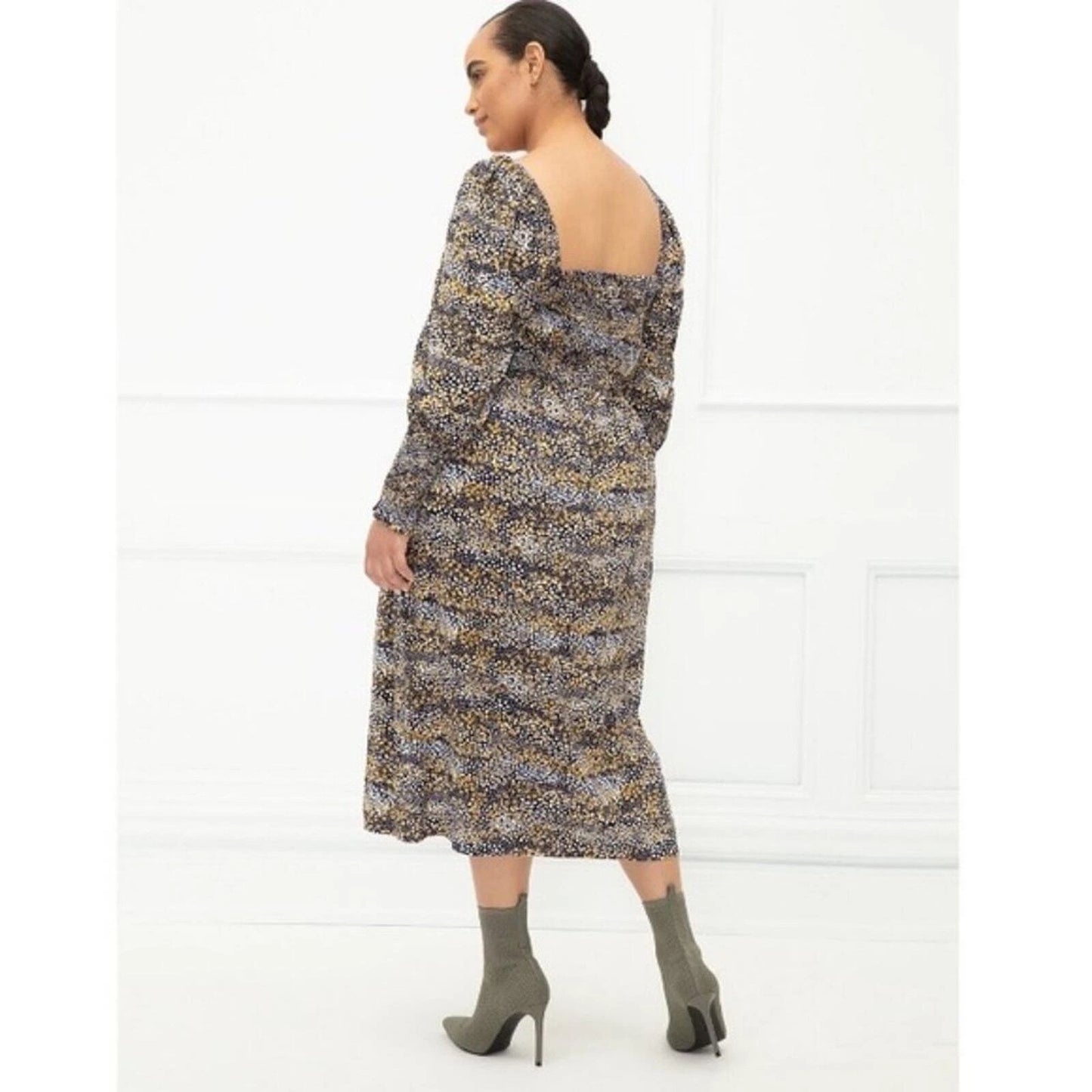 Mixed Dot Print Midi Dress w/ Smocked Bodice